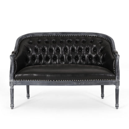 Black 49.5 Faux Leather Loveseat Sofa with Turned Legs and Nailheads for Living Room