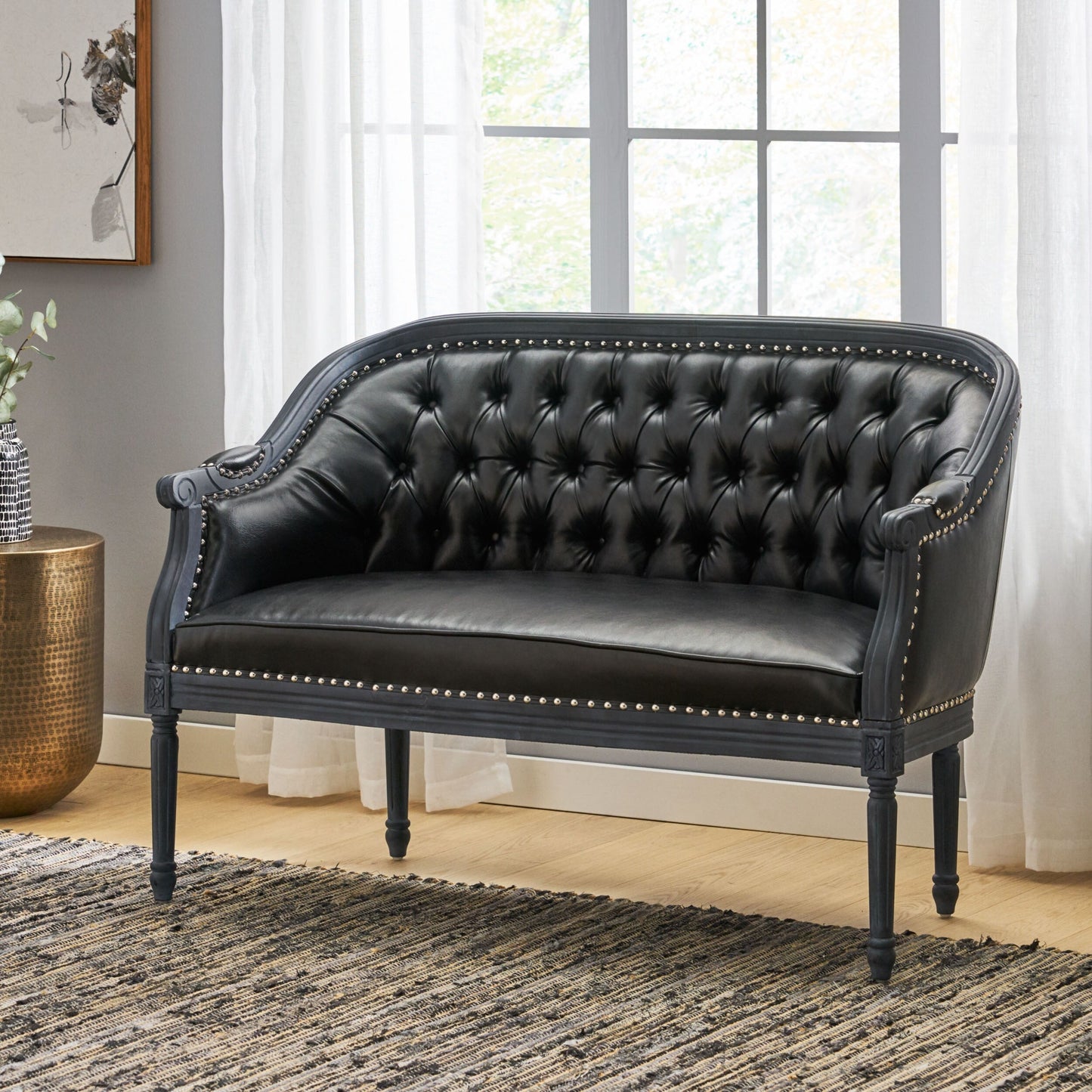 Black 49.5 Faux Leather Loveseat Sofa with Turned Legs and Nailheads for Living Room