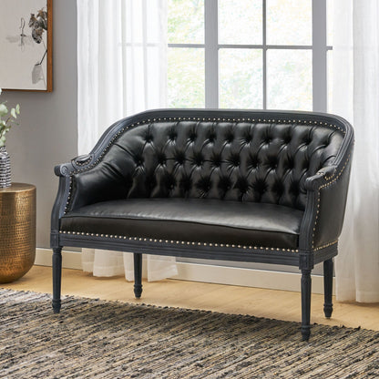 Black 49.5 Faux Leather Loveseat Sofa with Turned Legs and Nailheads for Living Room