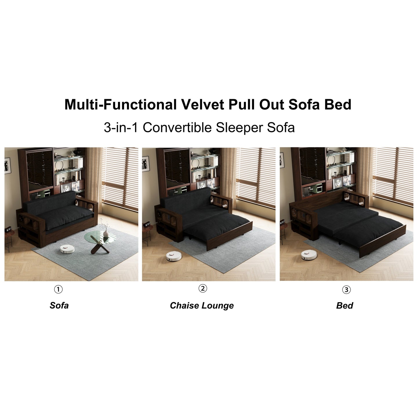 Black 52.4 3-in-1 Loveseat Hydraulic System Convertible Pull Out Sofa Bed with Storage and 2 Soft Pillows for Living Room