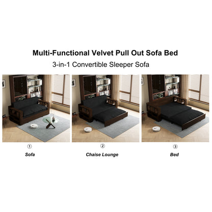 Black 52.4 3-in-1 Loveseat Hydraulic System Convertible Pull Out Sofa Bed with Storage and 2 Soft Pillows for Living Room