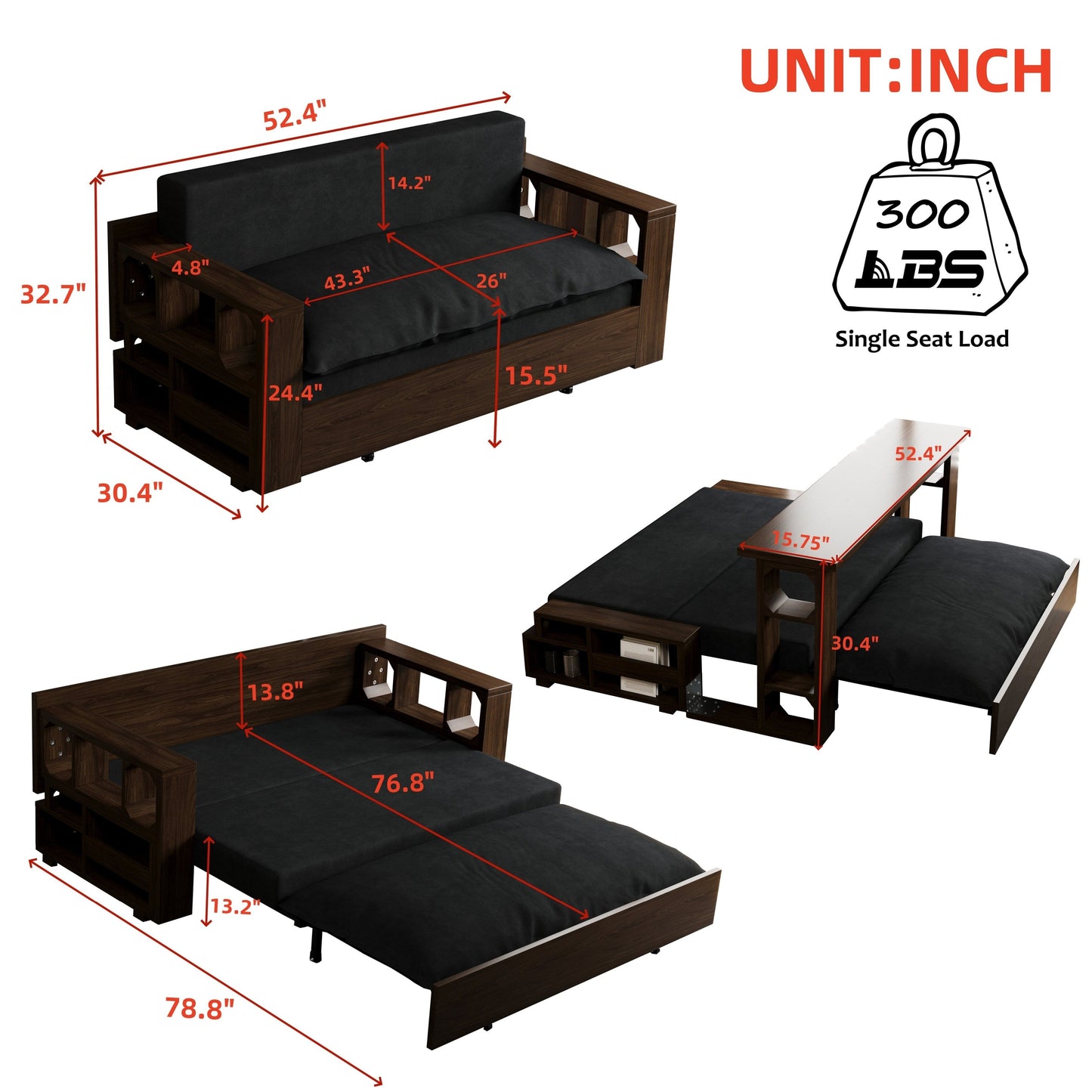 Black 52.4 3-in-1 Loveseat Hydraulic System Convertible Pull Out Sofa Bed with Storage and 2 Soft Pillows for Living Room