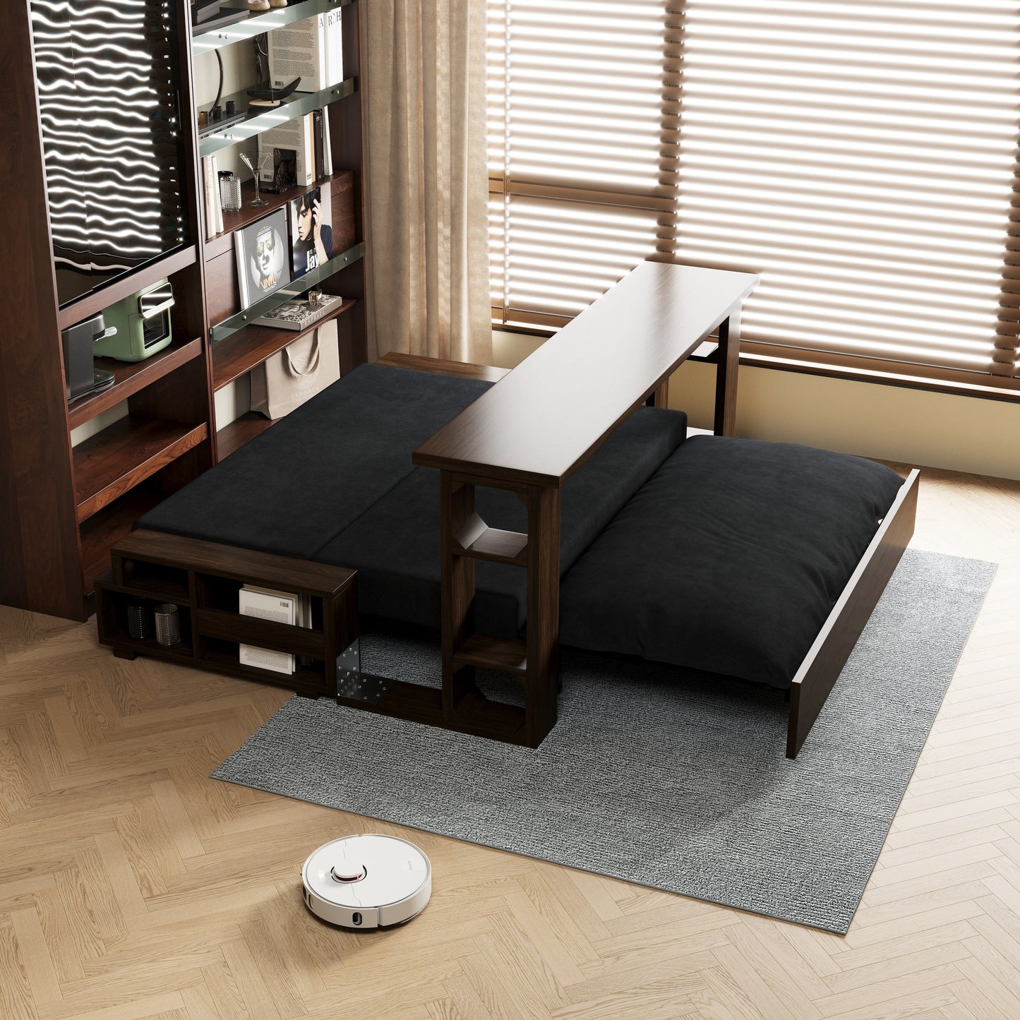 Black 52.4 3-in-1 Loveseat Hydraulic System Convertible Pull Out Sofa Bed with Storage and 2 Soft Pillows for Living Room