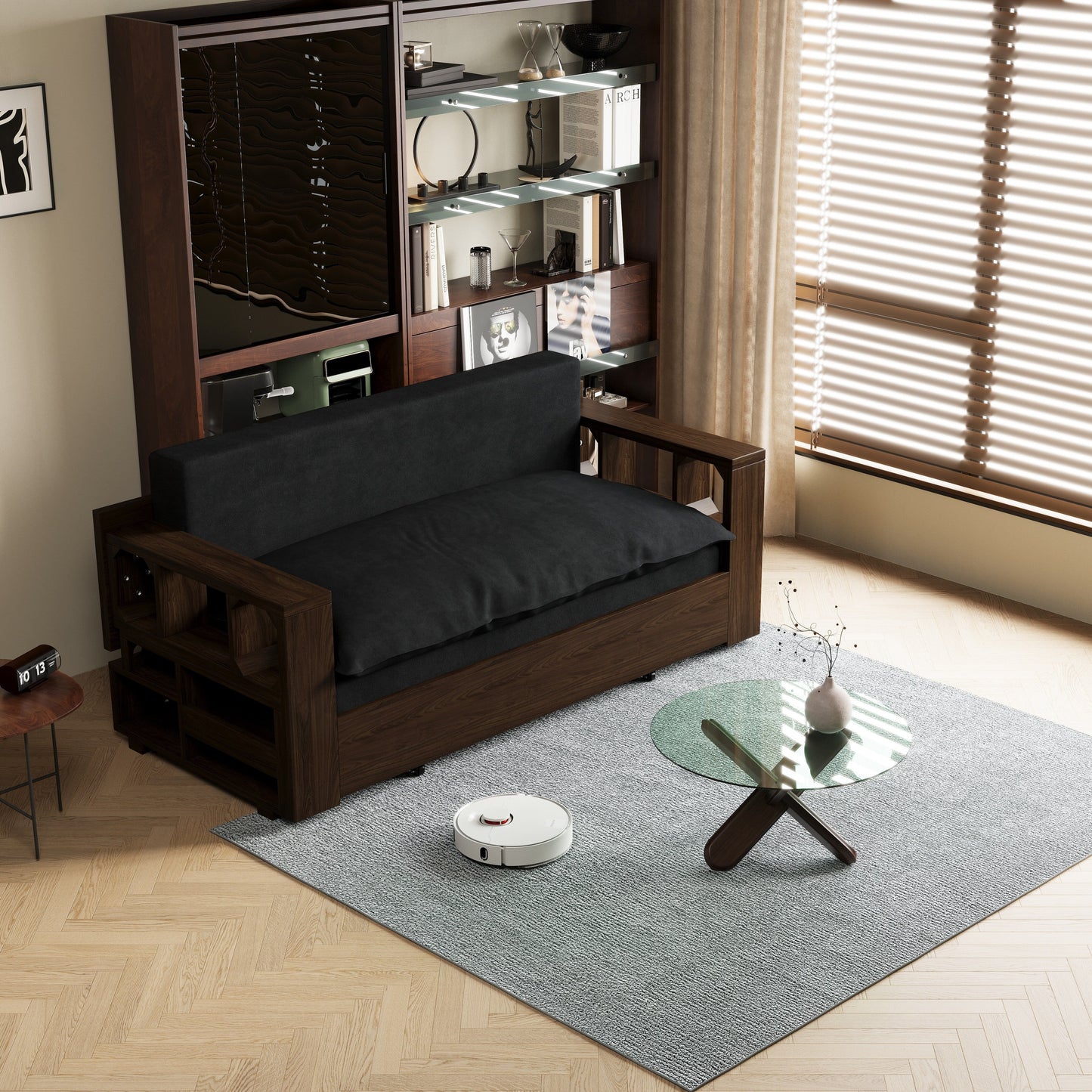 Black 52.4 3-in-1 Loveseat Hydraulic System Convertible Pull Out Sofa Bed with Storage and 2 Soft Pillows for Living Room