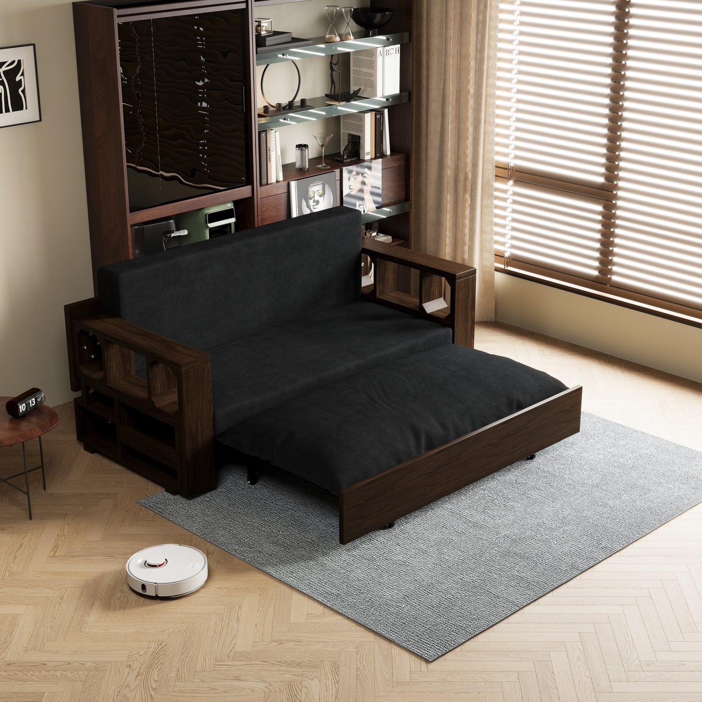 Black 52.4 3-in-1 Loveseat Hydraulic System Convertible Pull Out Sofa Bed with Storage and 2 Soft Pillows for Living Room