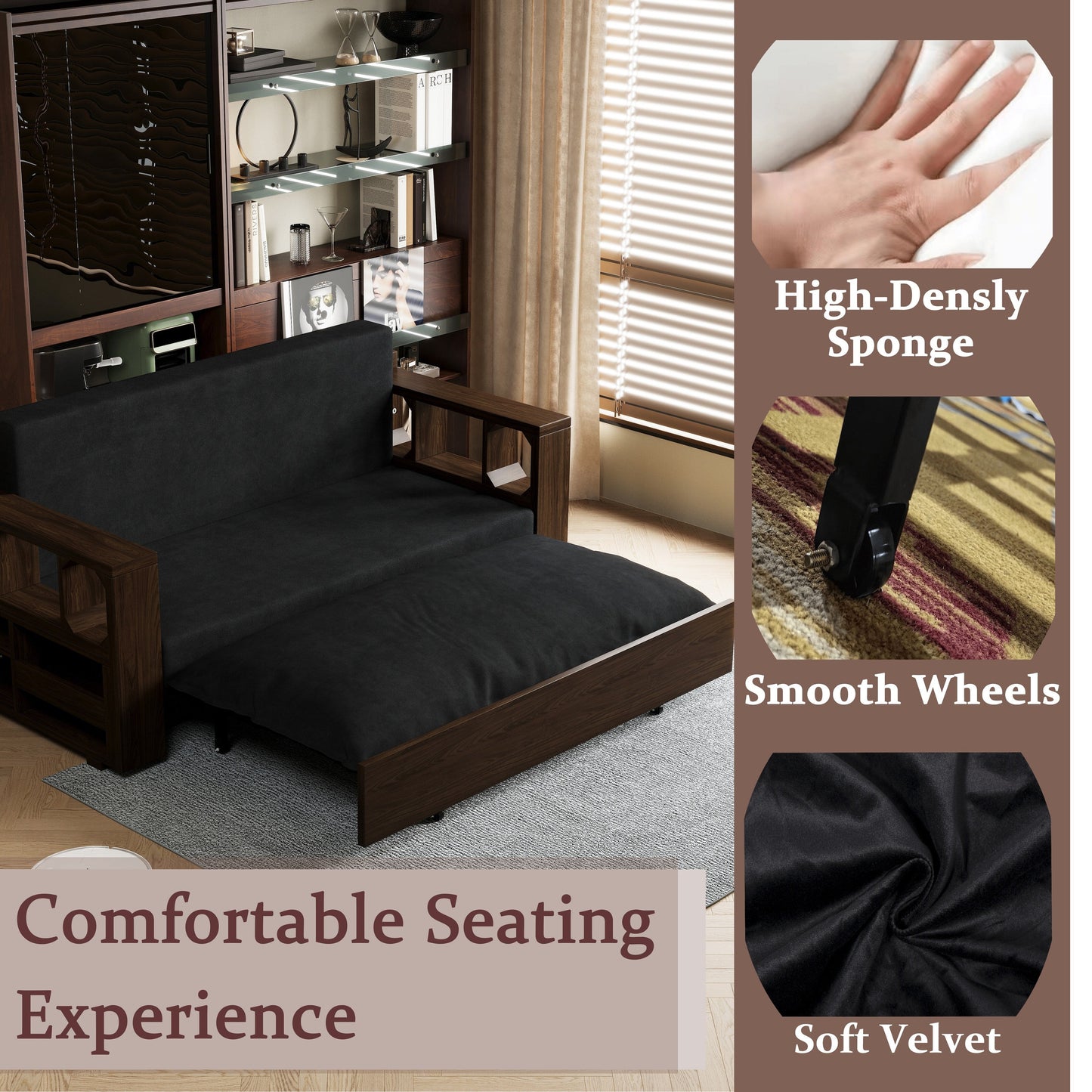 Black 52.4 3-in-1 Loveseat Hydraulic System Convertible Pull Out Sofa Bed with Storage and 2 Soft Pillows for Living Room