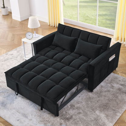 Black 53.94 Velvet 3 in1 Loveseat Pull-Out Sofa Bed withTwo Side Pockets and Adjustable Backrest for Living Room