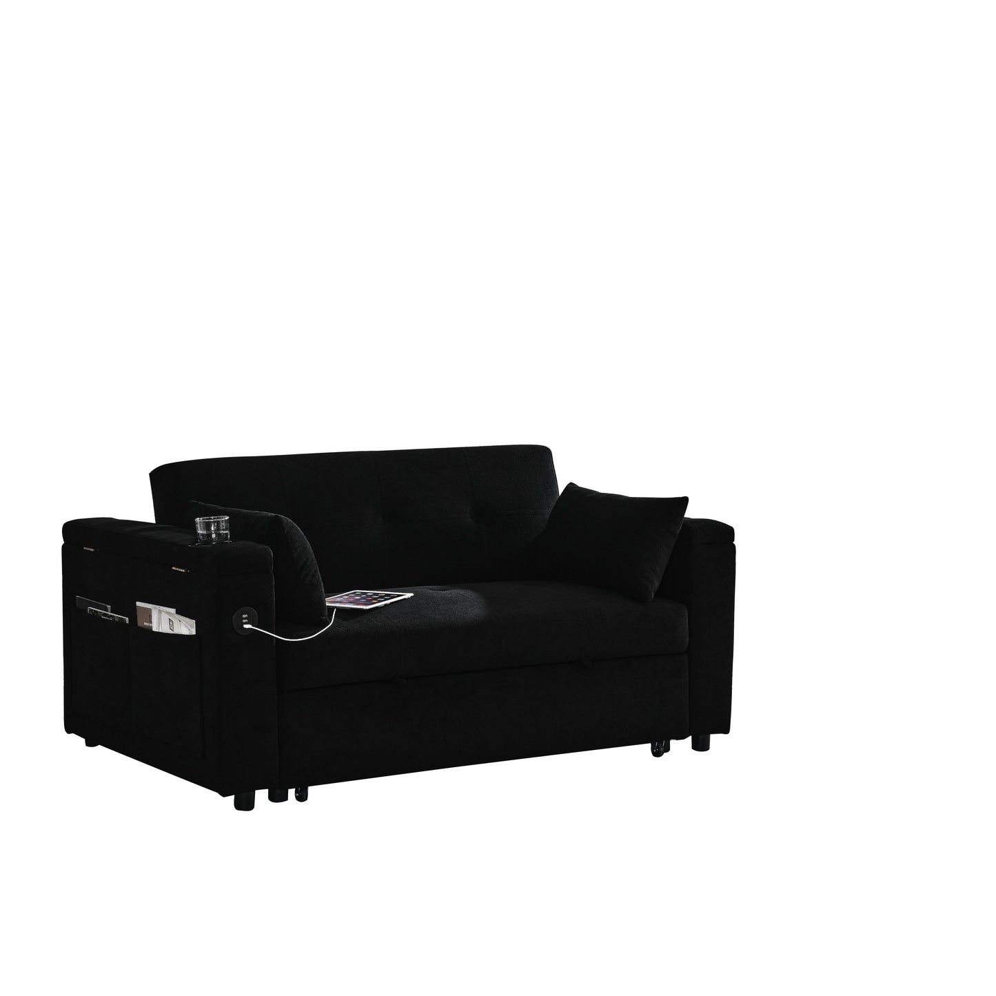 Black 54'' Double-Seater Fabric Sofa: Pull-Out Bed, Armrest Storage, and USB Charging Port