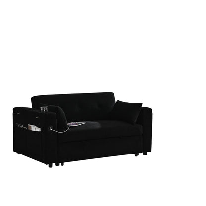 Black 54'' Double-Seater Fabric Sofa: Pull-Out Bed, Armrest Storage, and USB Charging Port