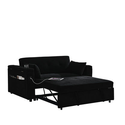 Black 54'' Double-Seater Fabric Sofa: Pull-Out Bed, Armrest Storage, and USB Charging Port