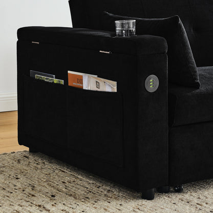 Black 54'' Double-Seater Fabric Sofa: Pull-Out Bed, Armrest Storage, and USB Charging Port