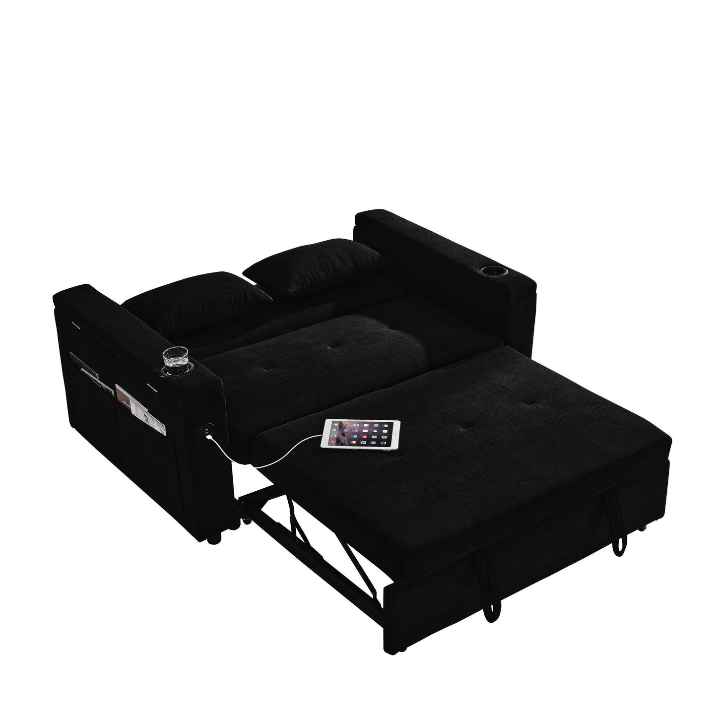 Black 54'' Double-Seater Fabric Sofa: Pull-Out Bed, Armrest Storage, and USB Charging Port