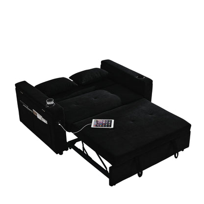 Black 54'' Double-Seater Fabric Sofa: Pull-Out Bed, Armrest Storage, and USB Charging Port