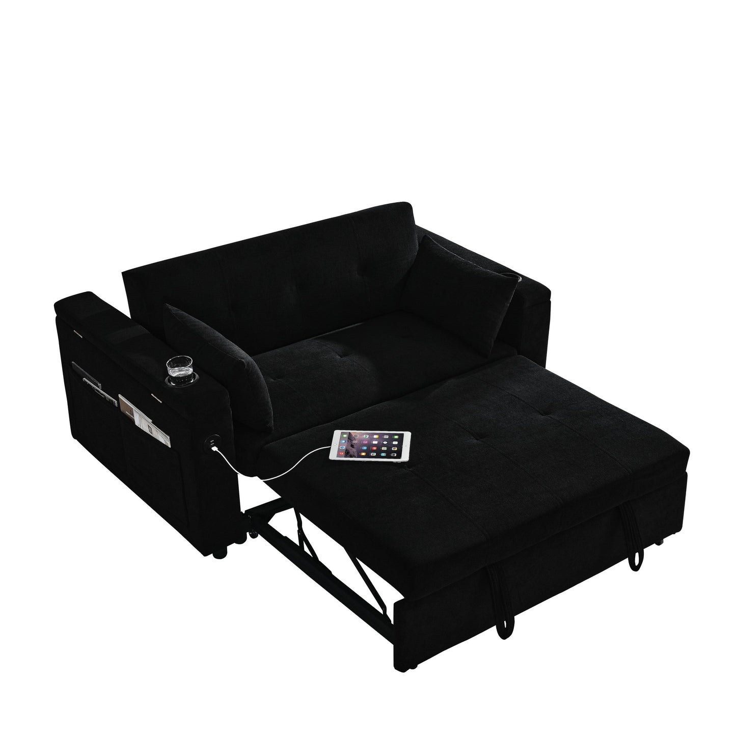 Black 54'' Double-Seater Fabric Sofa: Pull-Out Bed, Armrest Storage, and USB Charging Port