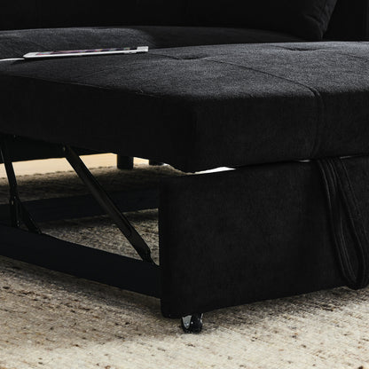 Black 54'' Double-Seater Fabric Sofa: Pull-Out Bed, Armrest Storage, and USB Charging Port