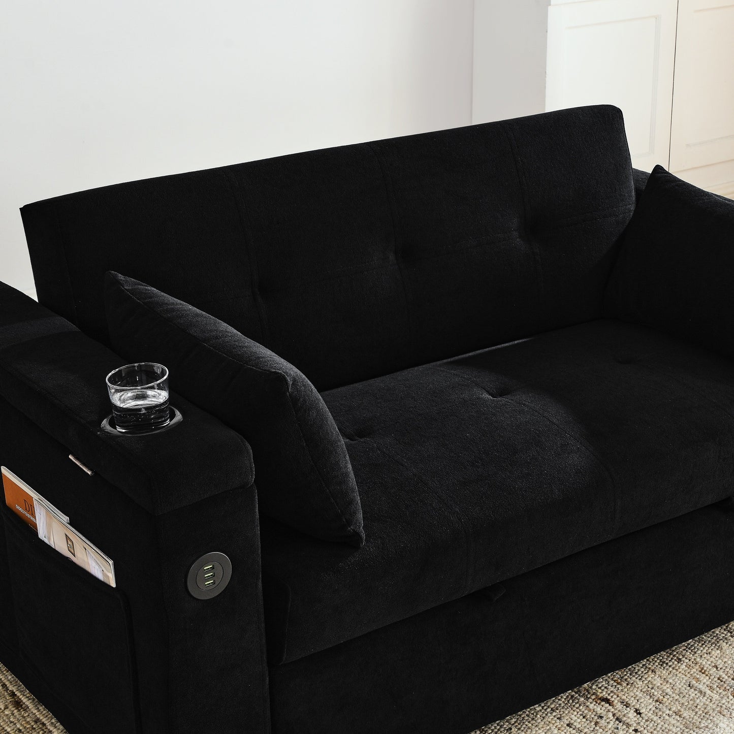 Black 54'' Double-Seater Fabric Sofa: Pull-Out Bed, Armrest Storage, and USB Charging Port