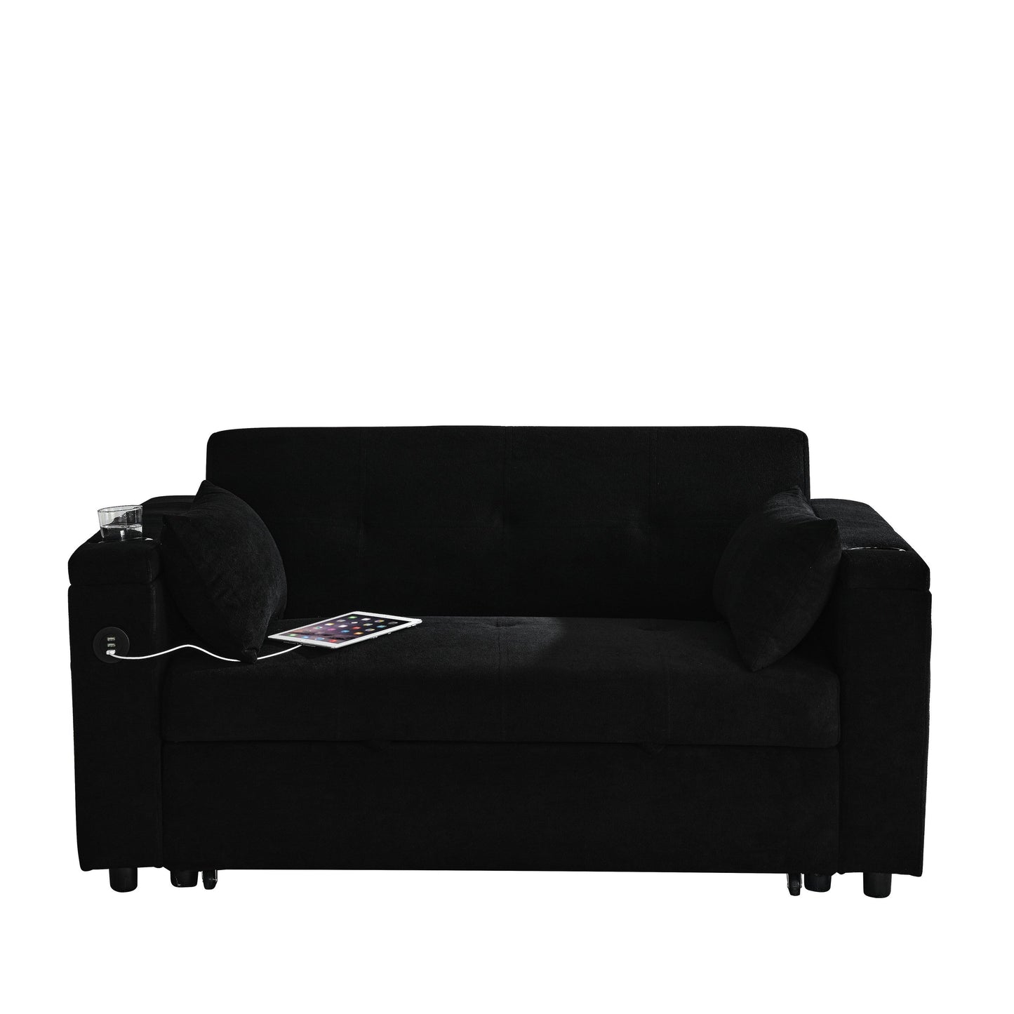 Black 54'' Double-Seater Fabric Sofa: Pull-Out Bed, Armrest Storage, and USB Charging Port
