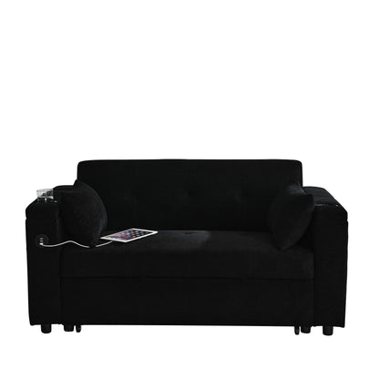 Black 54'' Double-Seater Fabric Sofa: Pull-Out Bed, Armrest Storage, and USB Charging Port