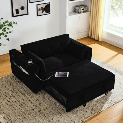Black 54'' Double-Seater Fabric Sofa: Pull-Out Bed, Armrest Storage, and USB Charging Port