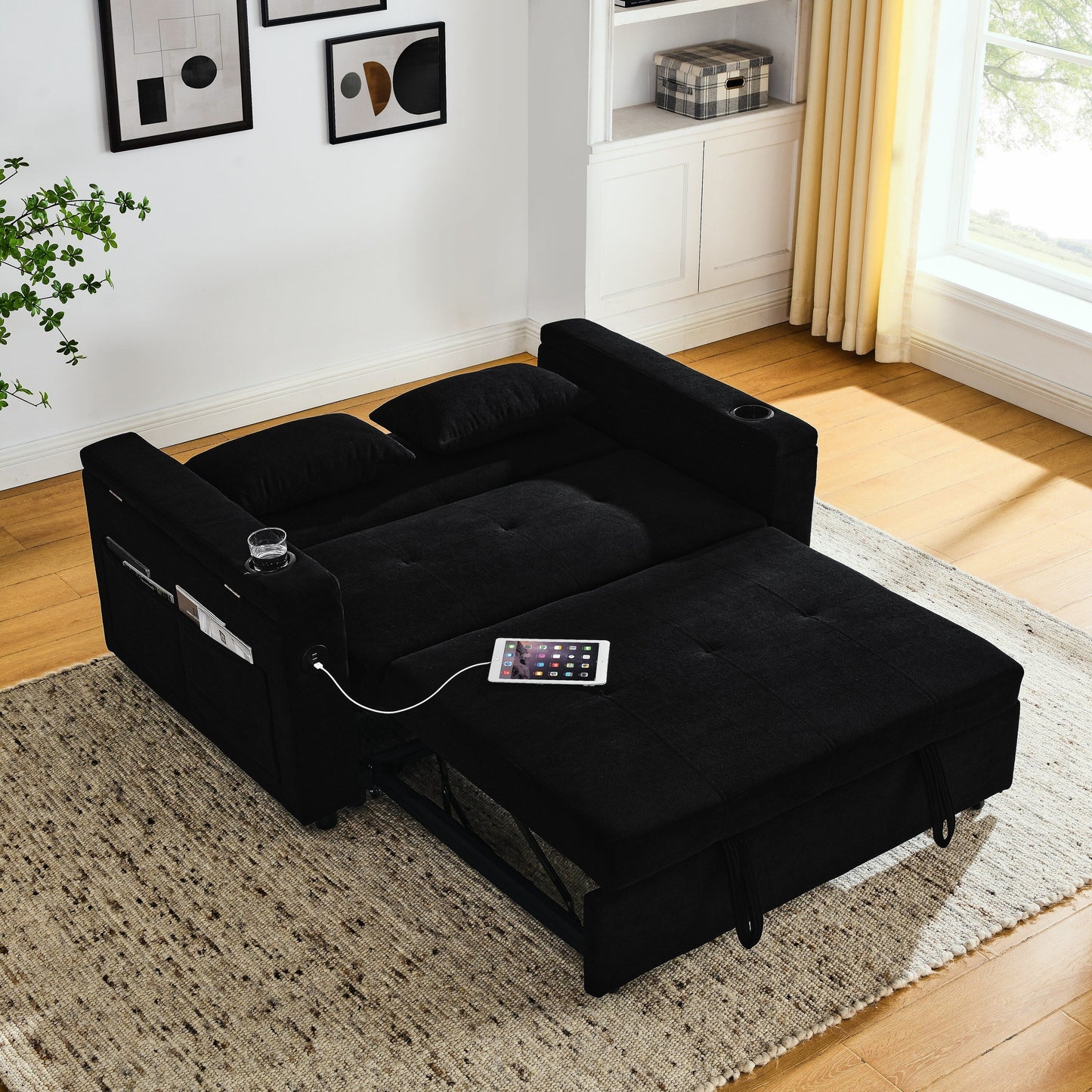 Black 54'' Double-Seater Fabric Sofa: Pull-Out Bed, Armrest Storage, and USB Charging Port