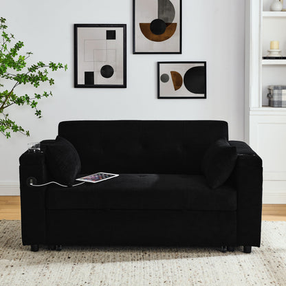 Black 54'' Double-Seater Fabric Sofa: Pull-Out Bed, Armrest Storage, and USB Charging Port