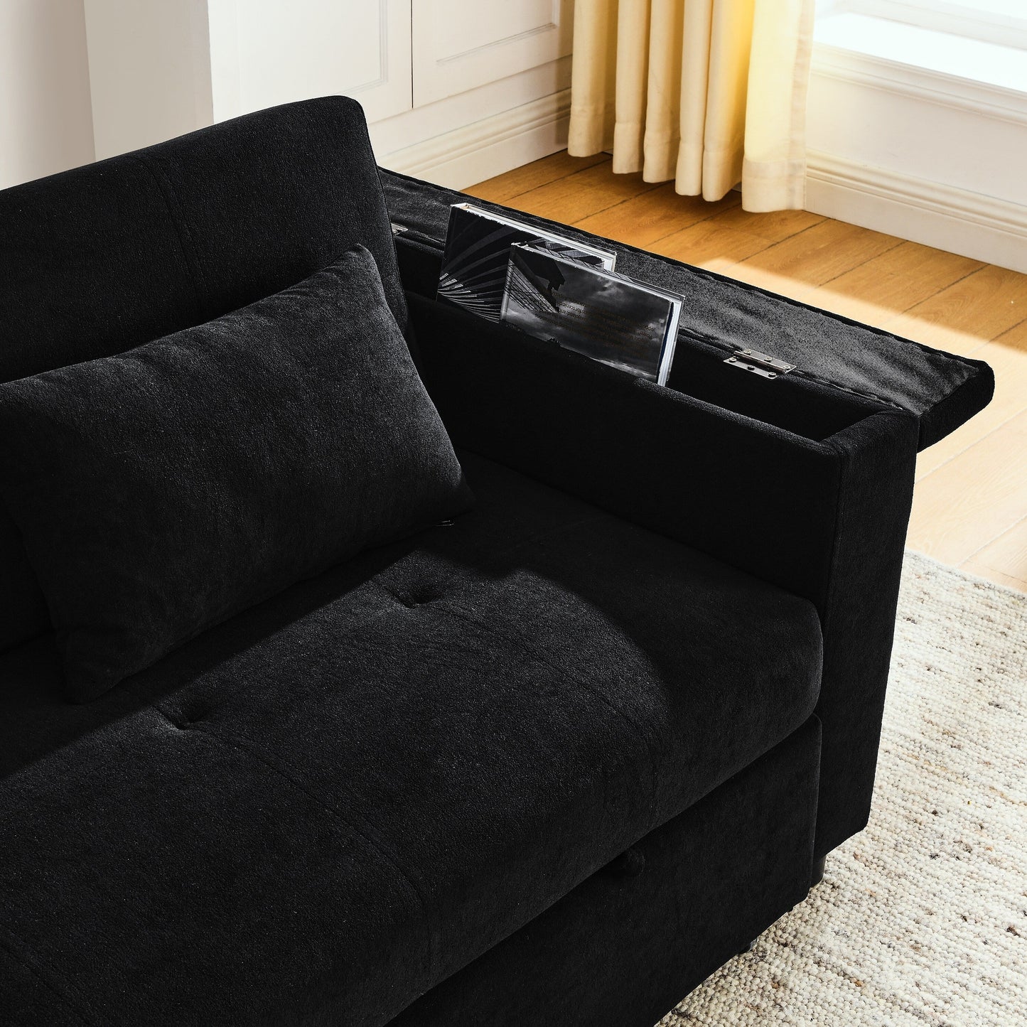 Black 54'' Double-Seater Fabric Sofa: Pull-Out Bed, Armrest Storage, and USB Charging Port
