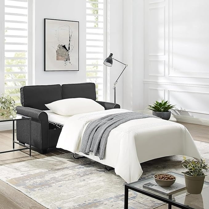 Black 57.1 Linen Rolled Arms Loveseat Sofa Bad With Memory Foam Mattress and Plastic Legs for Living Room