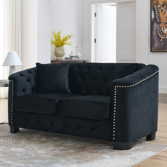Black 59'' Modern Velvet 2-Seater Sofa with Tufted Backrest, Nailhead Arms, and 2 Pillows