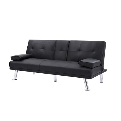 Black 66 Folding Loveseat Sofa Bed with Silver Metal Legs and Cup Holder for Living Room