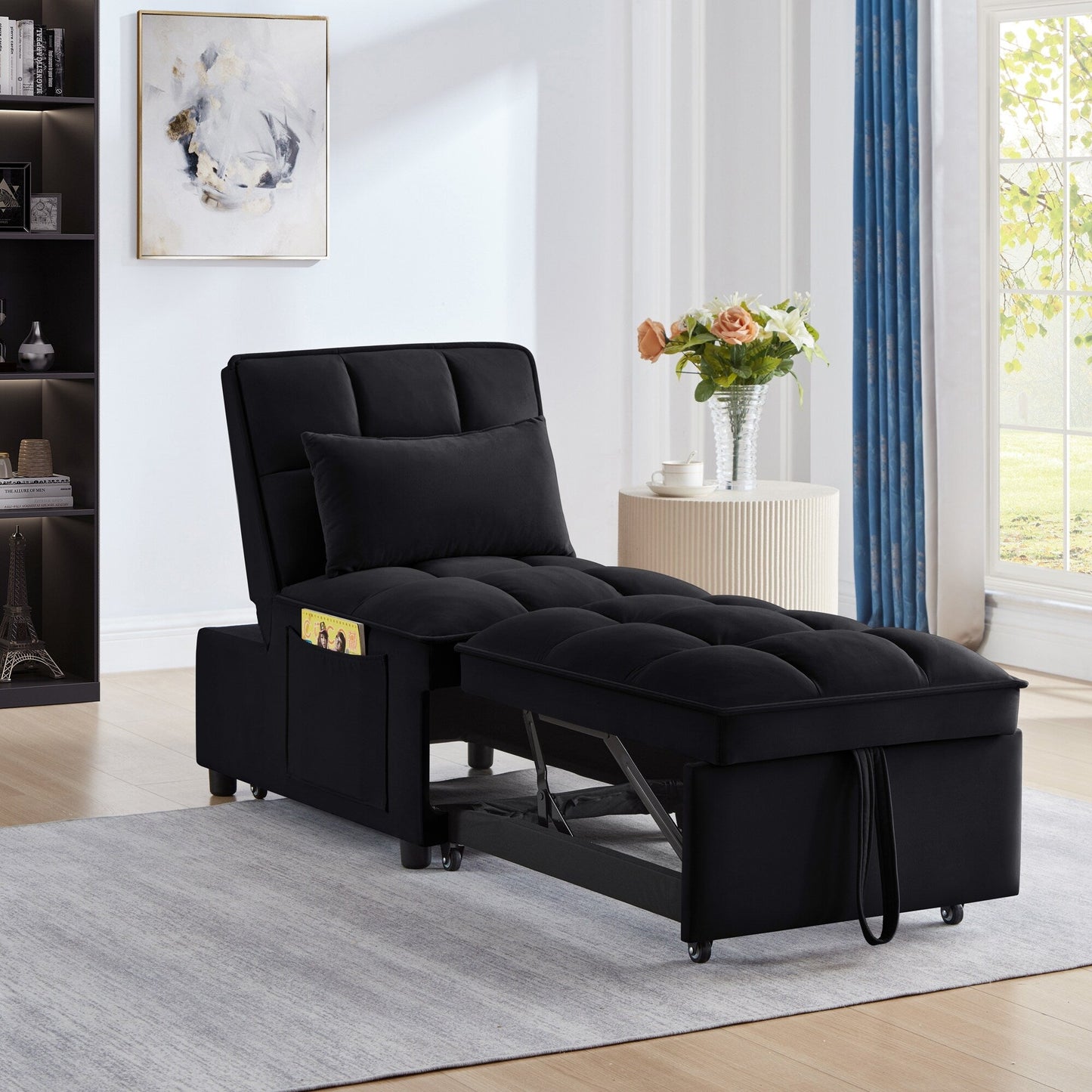 Black 68.5 Velvet Single Folding Sofa Bed with Adjustable Backrest and Pillows for Living Room