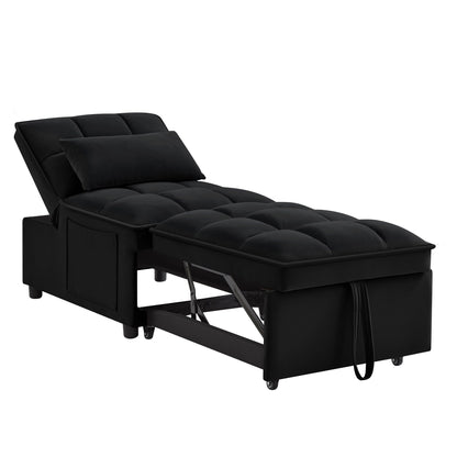 Black 68.5 Velvet Single Folding Sofa Bed with Adjustable Backrest and Pillows for Living Room