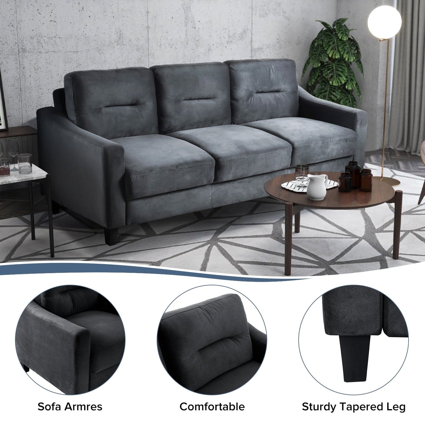 Black 76.7 Velvet 3-seater Sofa with Sturdy Hardwood Frame and Highly Elastic Foam for Living Room