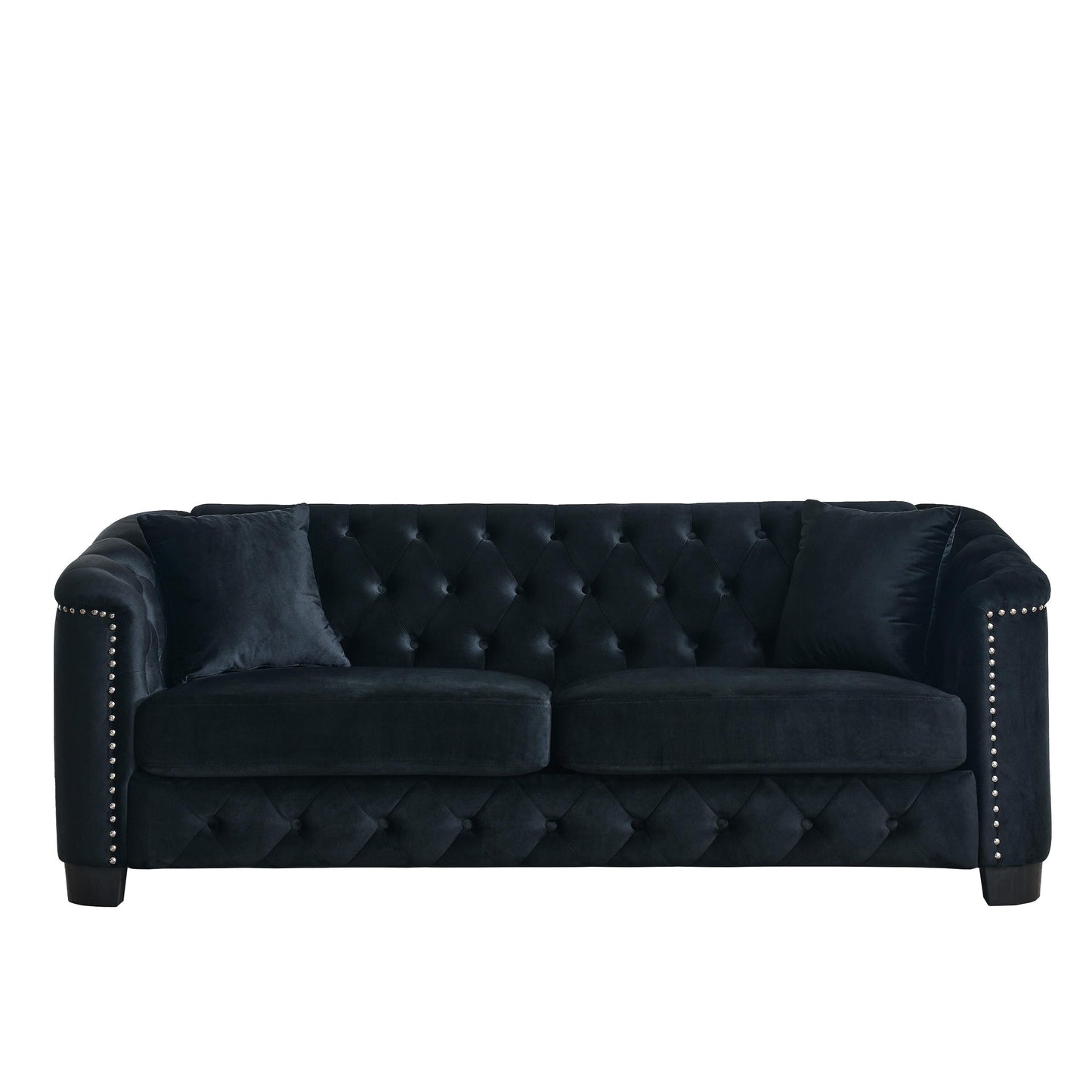 Black 77 Modern Velvet 3-Seater Sofa with Tufted Backrest, Nailhead Trim, and 2 Cushions