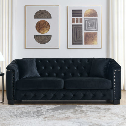 Black 77'' Modern Velvet 3-Seater Sofa with Tufted Backrests and Nailhead Trim