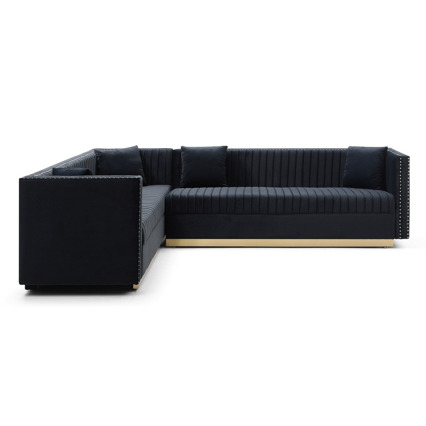Black 78'' Velvet 6-Seater Corner Sofa with Nailhead Trim, Gold Base, Vertical Channel Tufting, and 4 Pillows