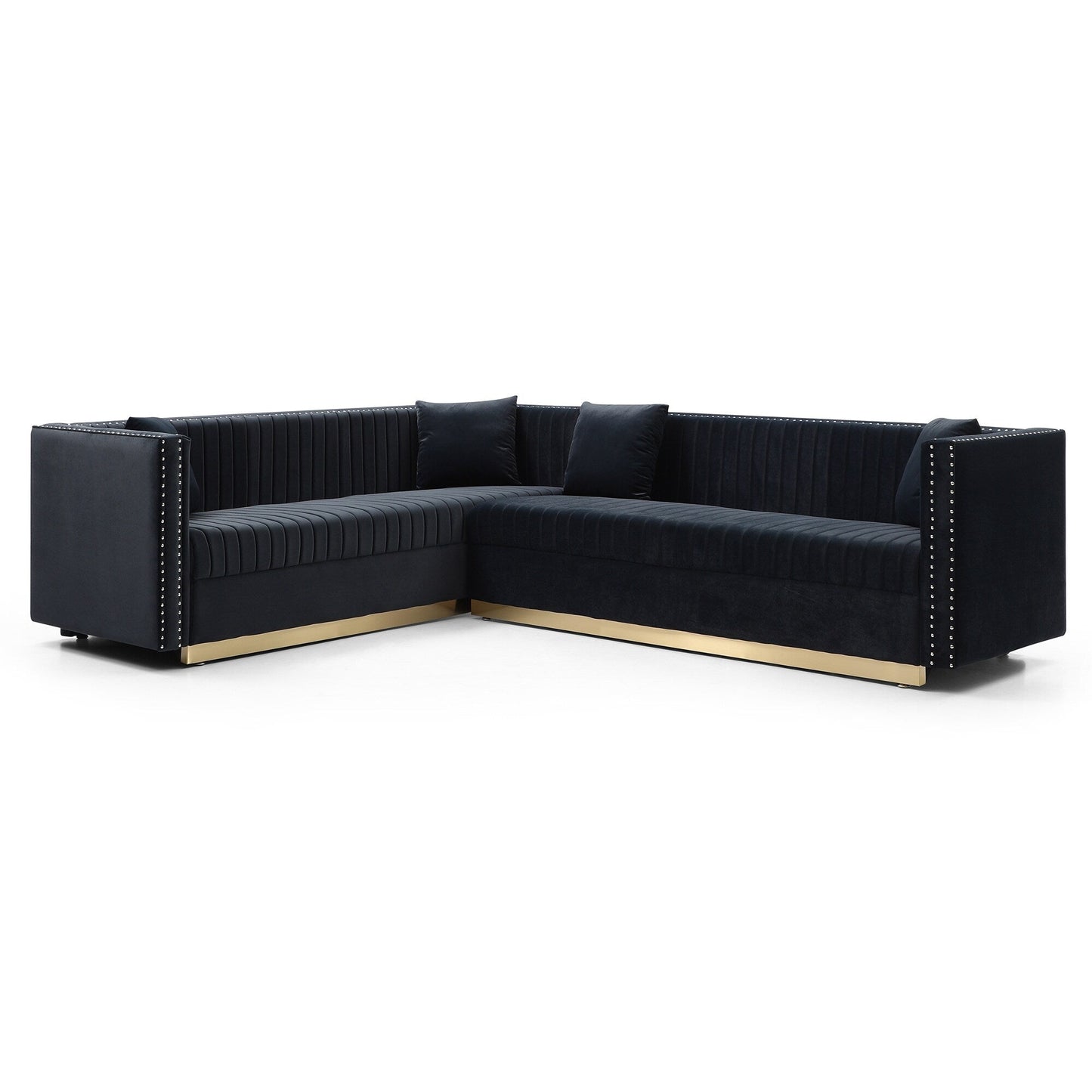 Black 78'' Velvet 6-Seater Corner Sofa with Nailhead Trim, Gold Base, Vertical Channel Tufting, and 4 Pillows