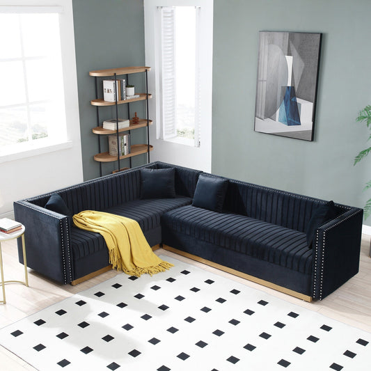 Black 78'' Velvet 6-Seater Corner Sofa with Nailhead Trim, Gold Base, Vertical Channel Tufting, and 4 Pillows