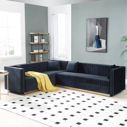 Black 78'' Velvet 6-Seater Corner Sofa with Nailhead Trim, Gold Base, Vertical Channel Tufting, and 4 Pillows