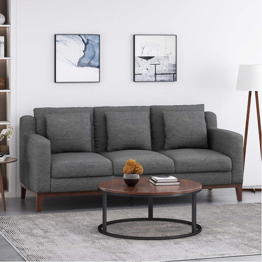 Black 80'' Polyester Sofa with Three Decorative Pillows, Wooden Trimming, and Birch Legs