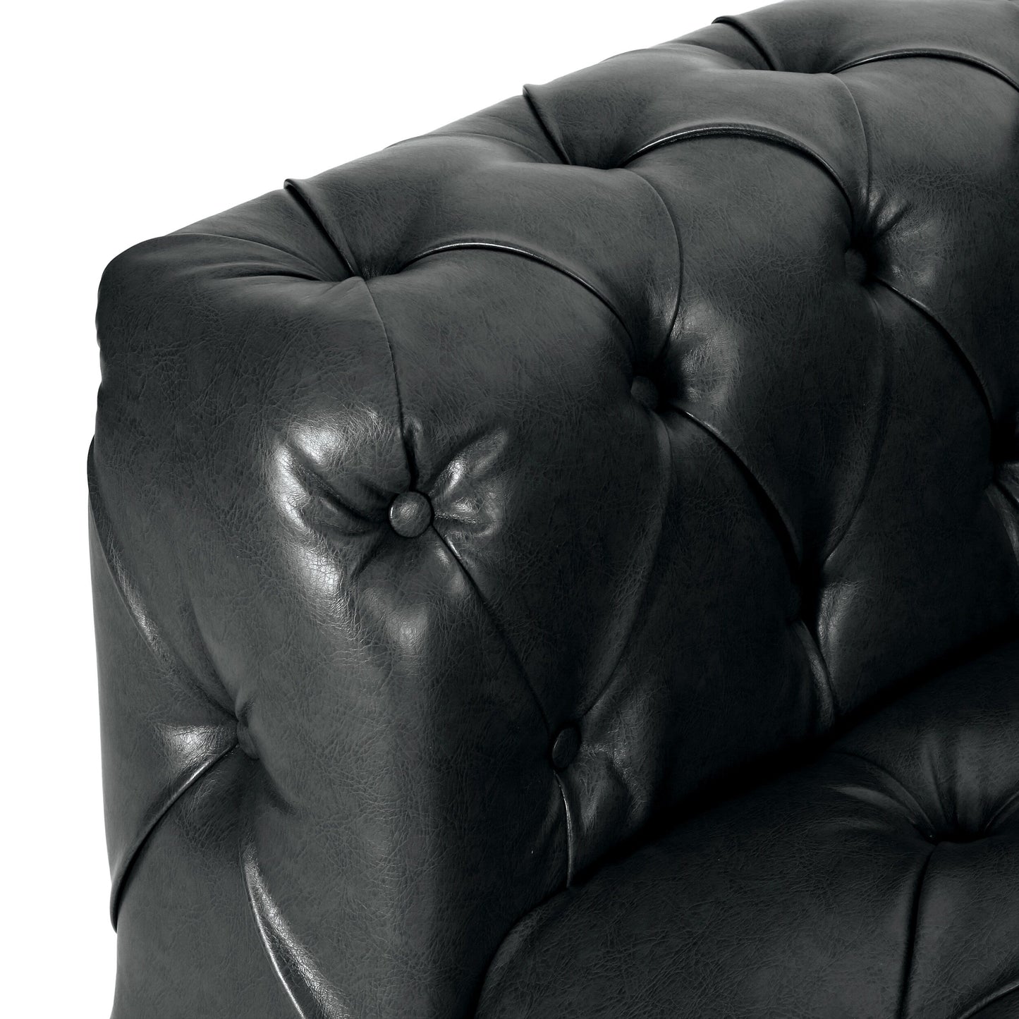 Black 83.5 PU Leather 3-Seater Sofa with Button-Tufted Back, Wide Armrests, and Vintage Wood Legs