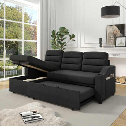 Black 83.5'' 3-Seater Convertible Sleeper Sofa with Pull-Out Bed, LED Lights, USB Ports, and Storage Chaise