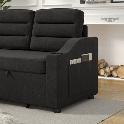 Black 83.5'' Polyester Sleeper Sofa, 3-Seater with Storage Recliner, Pull-Out Bed, Cup Holders, and Side Storage Pockets