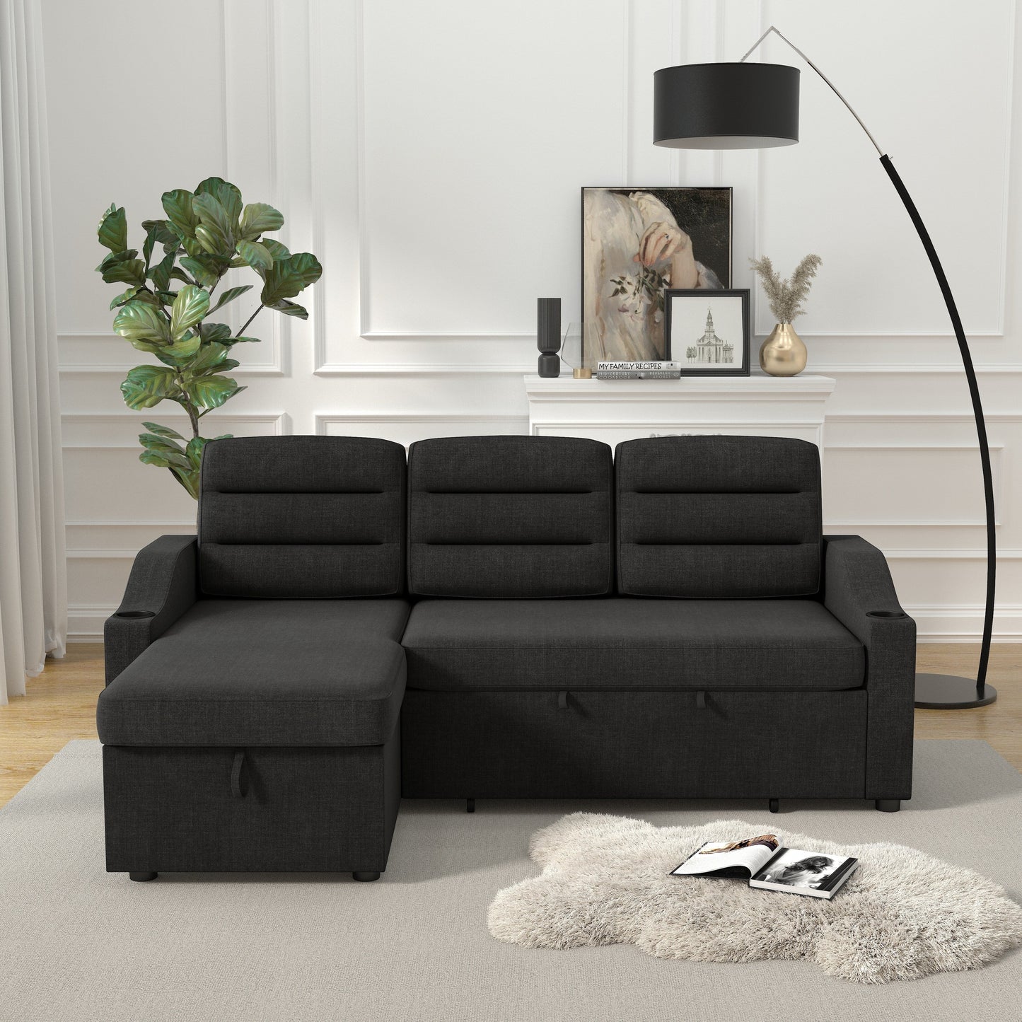 Black 83.5'' Polyester Sleeper Sofa, 3-Seater with Storage Recliner, Pull-Out Bed, Cup Holders, and Side Storage Pockets