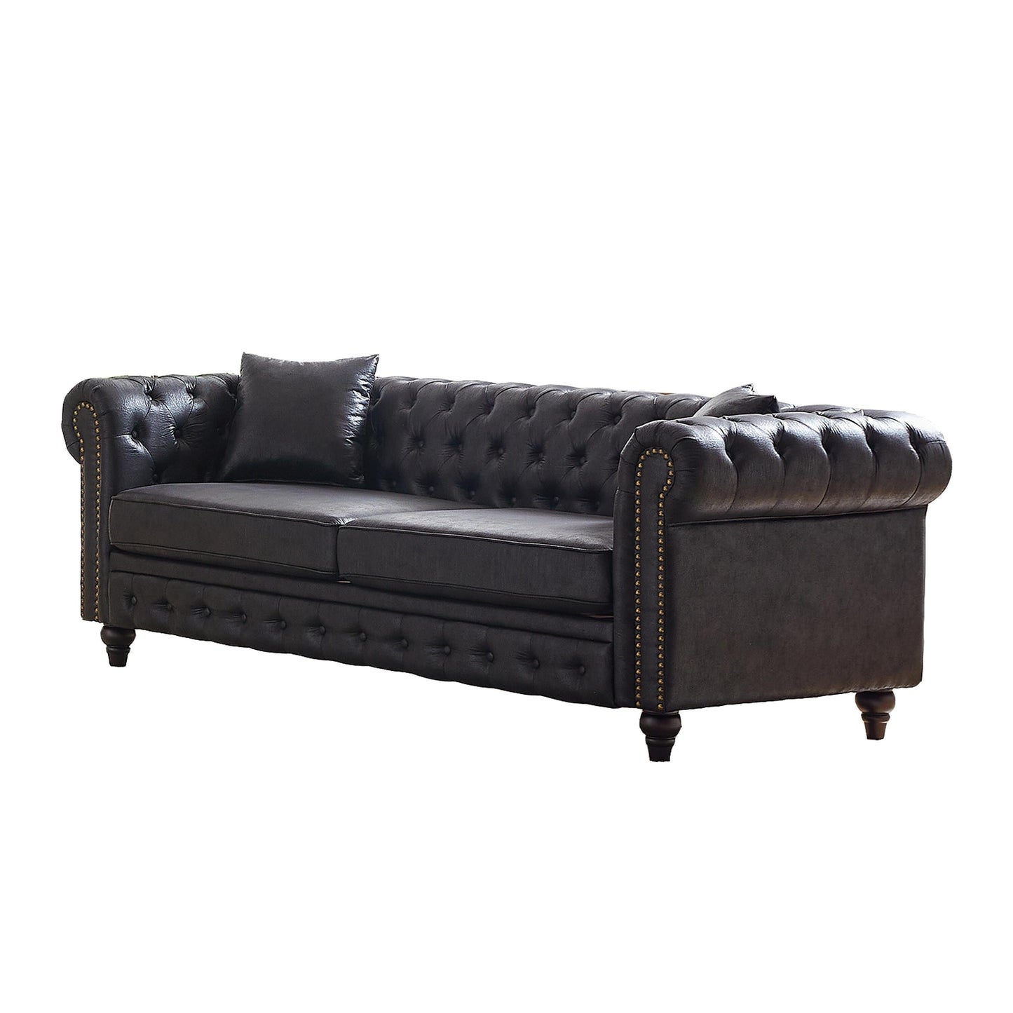 Black 85.5 Tech Fabric 3-seater Rolled Arms Chesterfield Button Sofa with 2 Cushions for Living Room