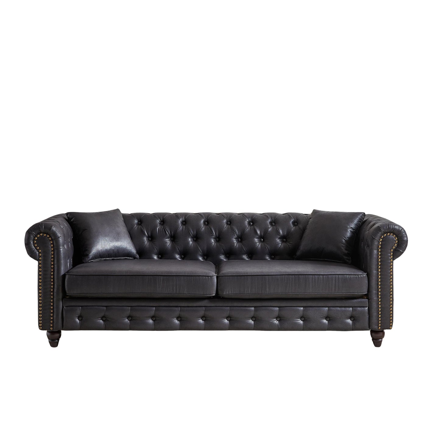 Black 85.5 Tech Fabric 3-seater Rolled Arms Chesterfield Button Sofa with 2 Cushions for Living Room