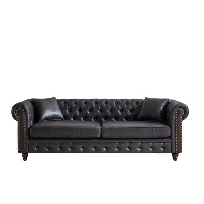 Black 85.5 Tech Fabric 3-seater Rolled Arms Chesterfield Button Sofa with 2 Cushions for Living Room