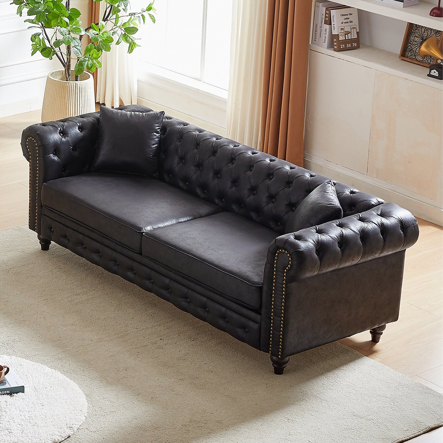 Black 85.5 Tech Fabric 3-seater Rolled Arms Chesterfield Button Sofa with 2 Cushions for Living Room