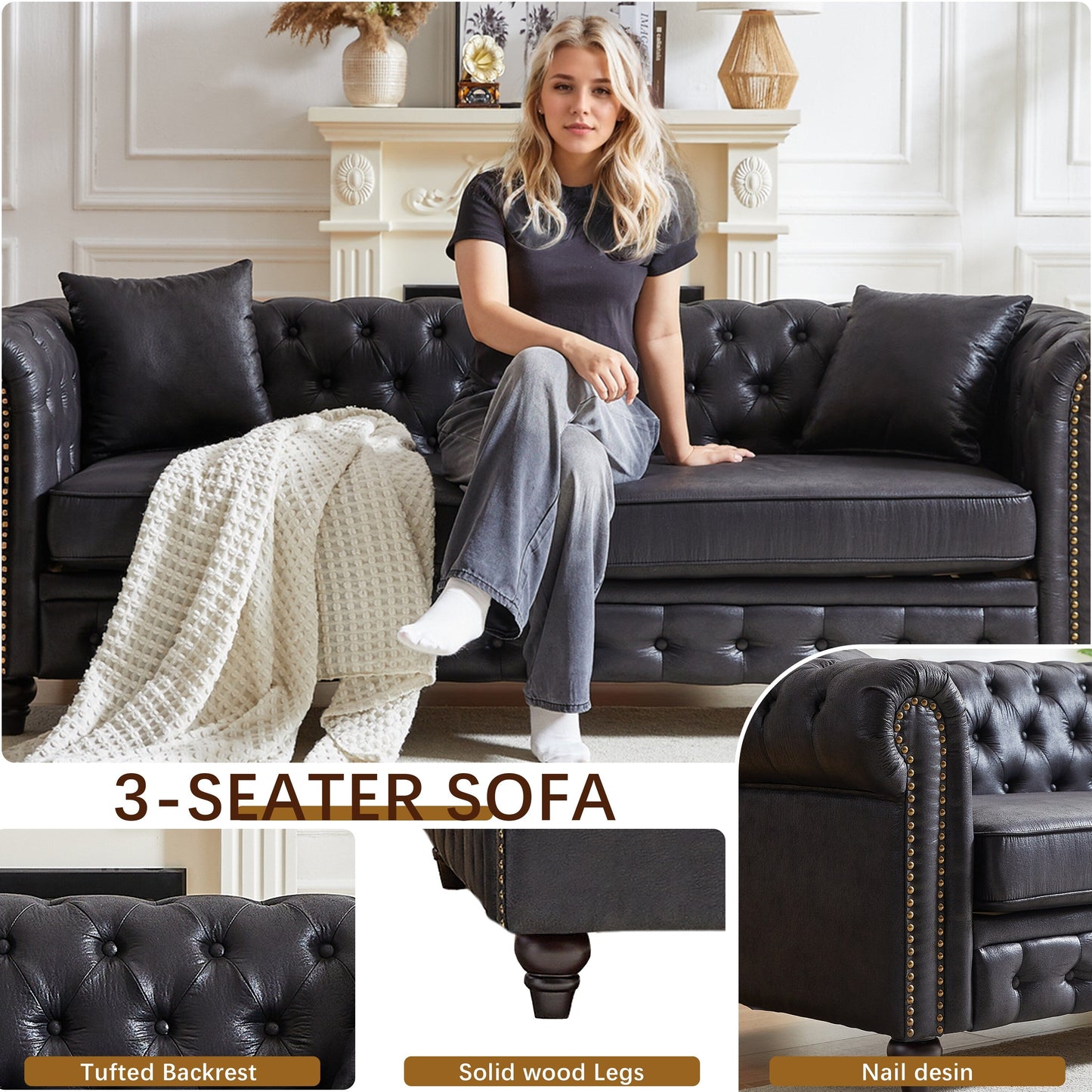 Black 85.5 Tech Fabric 3-seater Rolled Arms Chesterfield Button Sofa with 2 Cushions for Living Room