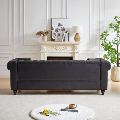Black 85.5 Tech Fabric 3-seater Rolled Arms Chesterfield Button Sofa with 2 Cushions for Living Room
