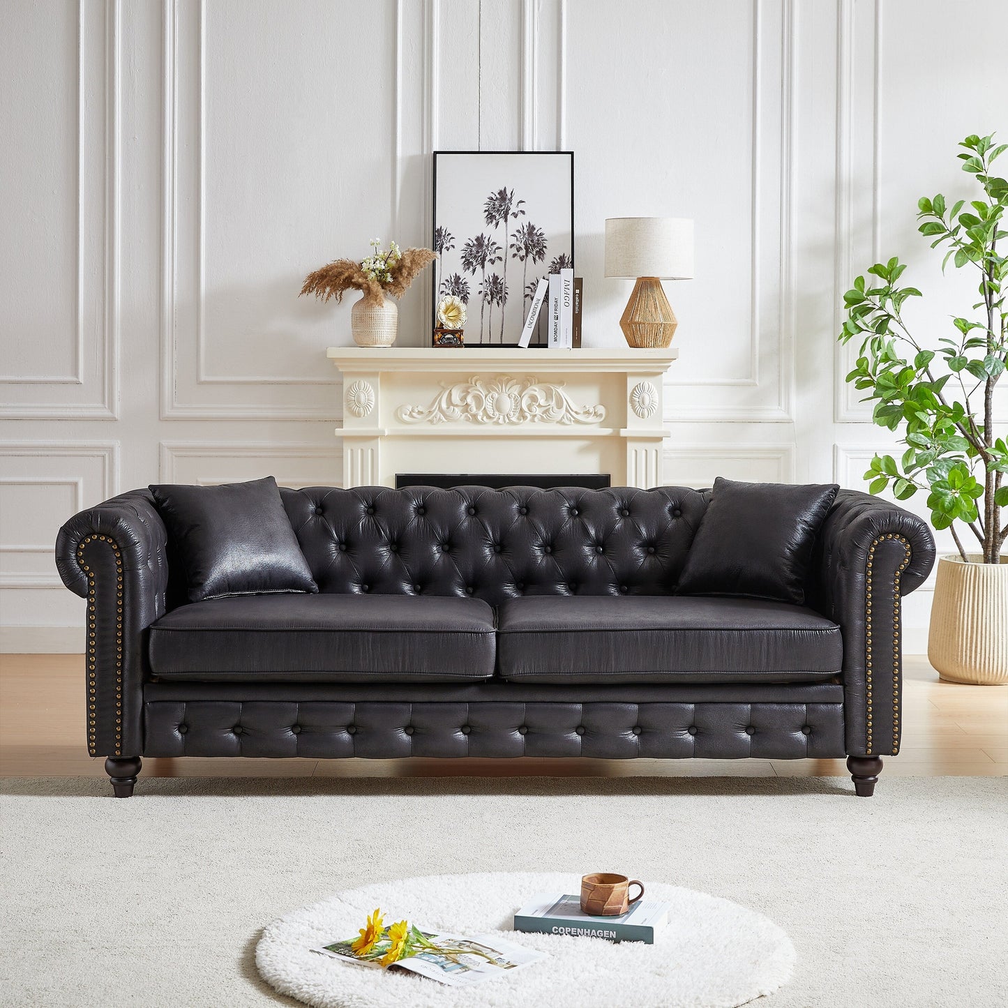 Black 85.5 Tech Fabric 3-seater Rolled Arms Chesterfield Button Sofa with 2 Cushions for Living Room